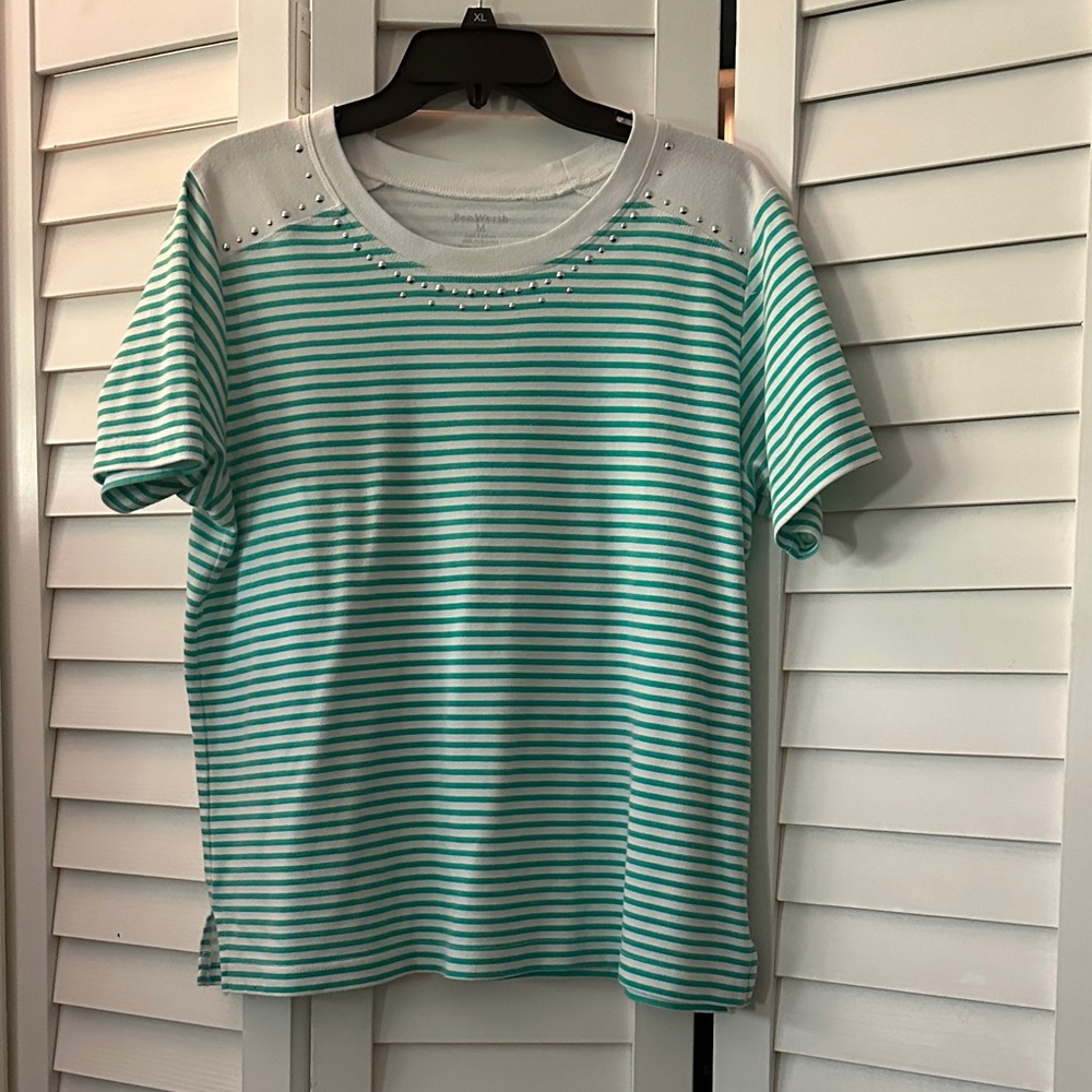 Bon Worth Teal and White Striped Crop Top
